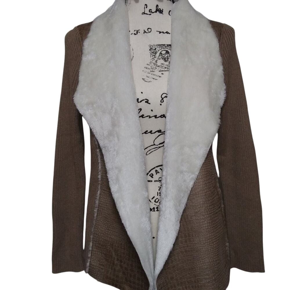 Alfred Dunner Faux Fur Faux Suede Cardigan Sweater Rib Knit Reptile Snake Print